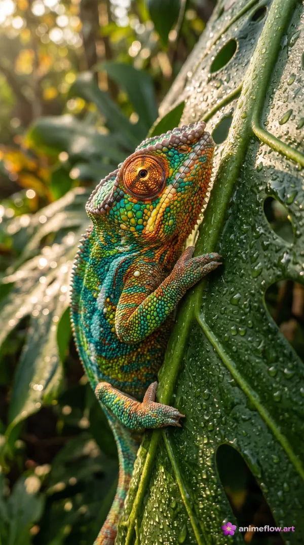 Jeweled Chameleon On Dewy Leaf