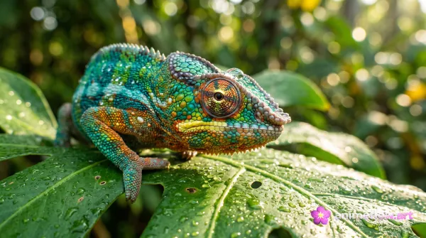 Vivid Chameleon On Dewy Leaf