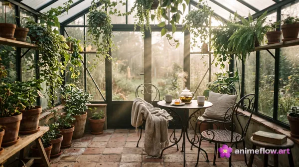 Sunlit Greenhouse Tea Retreat
