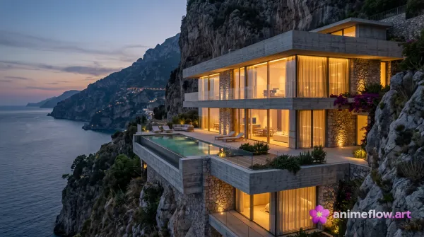 Twilight Cliffside Glass Villa