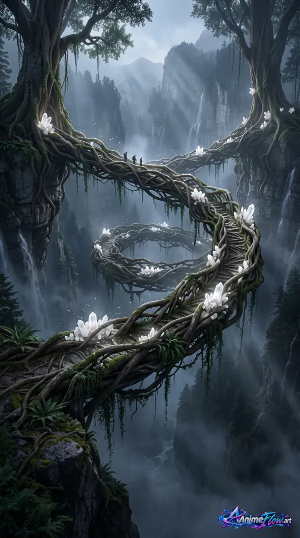 Spiral Root Bridge In Mist