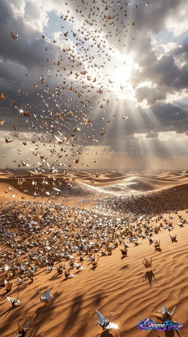 Origami Cranes Over Dunes
