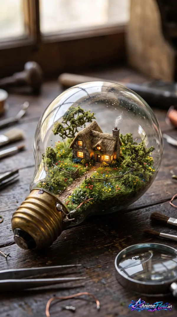 Whimsical Cottage In A Lightbulb