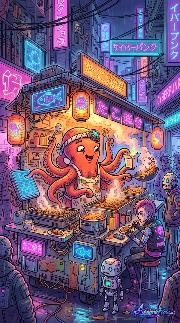 Neon Takoyaki Octopus Chef